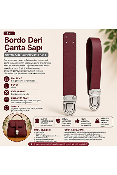 Kanguroom 18 cm burgundy leather bag handle - bag strap with silver lock atta...