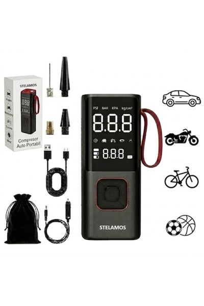 STELAMOS Compresor auto portabil 4 în 1, Digital, Manometru, 150 PSI, Baterie...