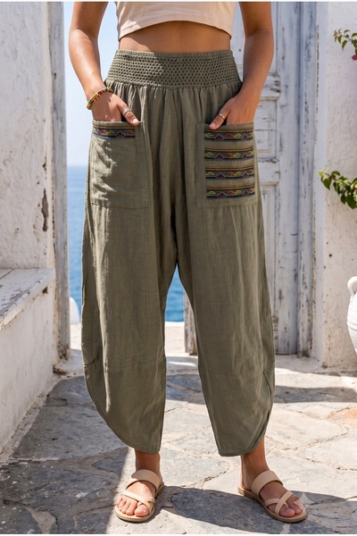 Chiccy Χακί Κεντημένο Παντελόνι με Τσέπες, Ελαστική Μέση, Φαρδιά Γραμμή, Casu...