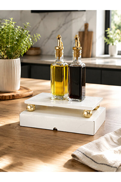 EMFA HOME Mermer Yağlık Altı 23x12 Cm Mermer Sunumluk Gold Metal Ayaklı