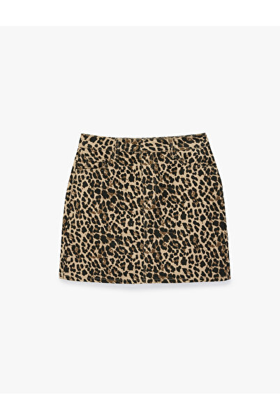 Koton High Waist Pocketed Cotton Leopard Patterned Stoned Mini Denim Skirt