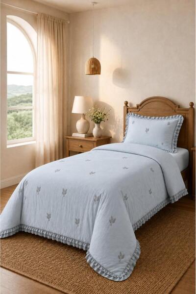 Çeyiz Diyarı Bigo Embroidered Ruffled Single Bedspread Gray
