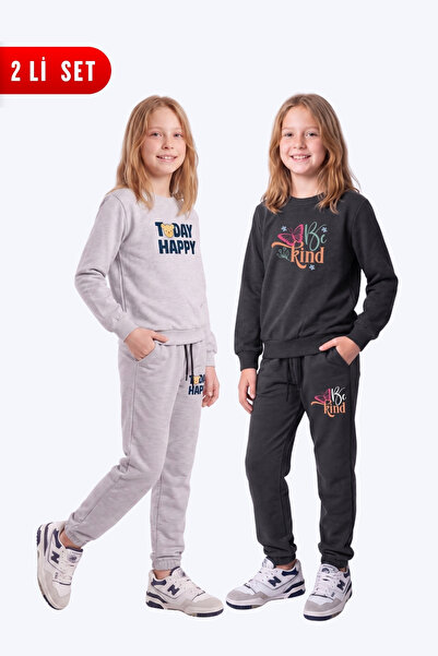FYK KİDS Girl's 2-Piece Printed Crew Neck Double Pocket Tracksuit Set