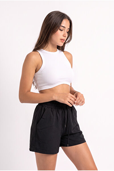 WeShaya Women's Black Cotton Drawstring Belted Tie-Up Shorts with Elastic Wai...