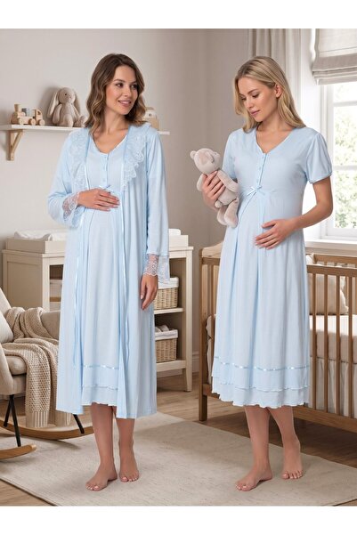 Lohussa New Season Blue Summer Lace Detailed Design Buttoned Short Sleeve Mat...