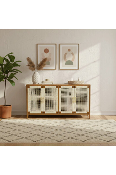 BEC17 Modern Wooden Buffet Cabinet 4-Door Woven Sideboard with Gold Handles