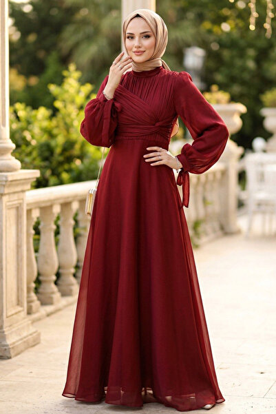 N.S NEVA STYLE Drape Detaylı Bordo Tesettür Abiye Elbise 62201BR