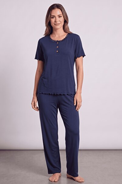 hadiora Women's Navy Blue Battal Size Lace and Button Detailed Short Sleeve P...
