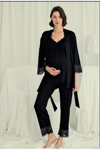 MONAMİSE Black 3-Piece Maternity Set, Women's Viscose Pajama Set with Breastfeeding Feature, V-Neck Lace Maternity Pajama and Robe Set