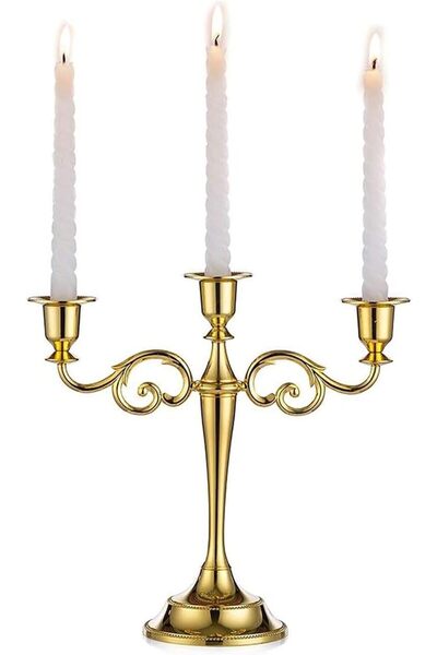 HALAMODO Gold Metal Candle Holder 3-arms Candle Stand 27cm Tall Wedding Event...