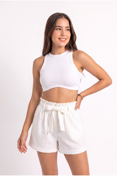 WeShaya Women's Ecru Cotton Drawstring Belted Tie-Up Shorts with Elastic Wais...