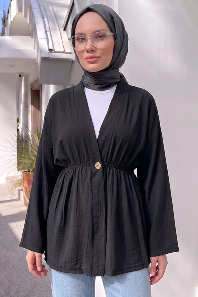 Modestim Tesettür Kadın Düğme Detaylı Beli Lastikli Çilek Kumaş Yazlık İnce S...