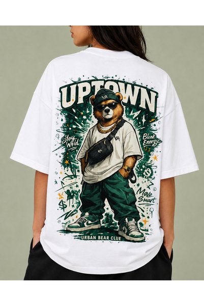 Vanteon Uptown Unisex White 100% Cotton Oversize Printed T-Shirt