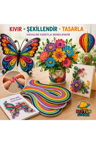 neptünstore İnce Quilling Seti 5 mm × 50 cm 100 Adet 12 Renk – Aparatlı Kağıt...