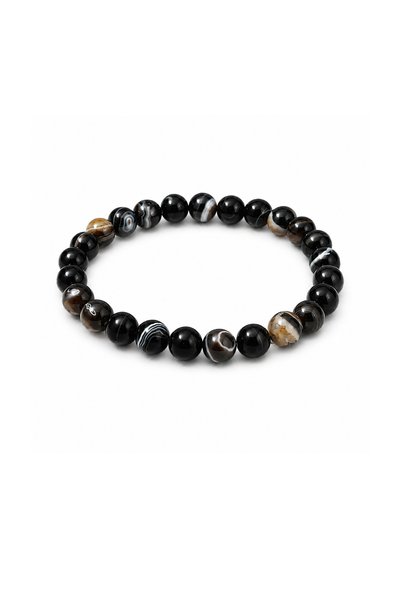 Larla Natural Agate Stone Men's Bracelet 8 mm Natural Stone Flexible Bracelet 20 cm Striped Black Agate