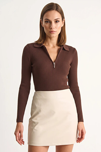 Efnaz style Women's Zippered Bitter Brown Sweater