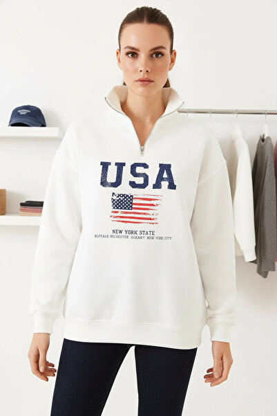 Şeker Portakalım Women's Usa Printed Stand Collar White Sweatshirt