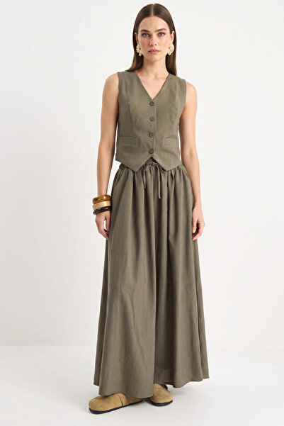 Generic Brand Women's Khaki Suit with Vest and Pocket Detail, Flared Skirt