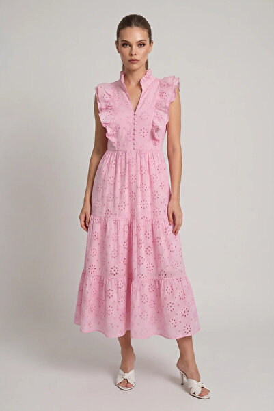 Efnaz style Women's Flounce Sleeve High Neck Lined Midi Brode Pink Dress