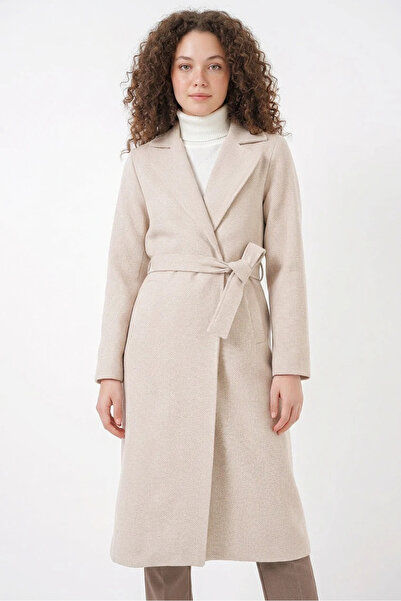 Efnaz style Women's Double-Breasted Collar Belted Cashmere Cream Coat