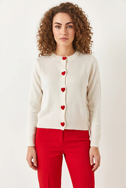 Generic Brand Women's Heart Buttoned Knitwear Ecru Cardigan
