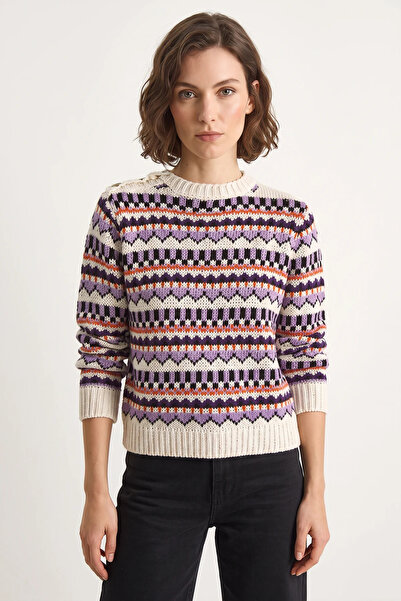 Generic Brand Women's Patterned Knitwear Ecru Sweater with Shoulder Patches