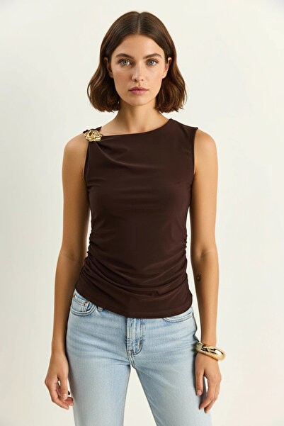 Efnaz style Women's Saran Acı Brown Blouse with Metal Accessories and Waist D...