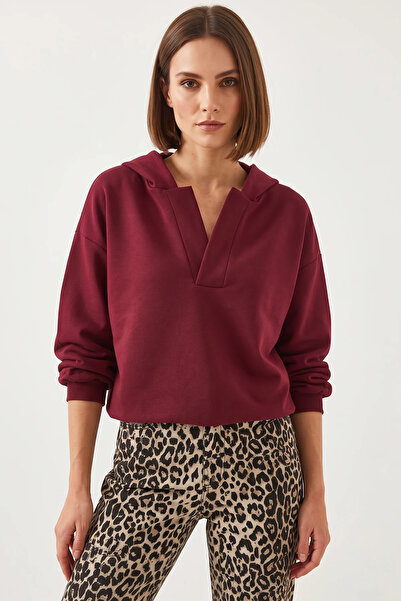 Efnaz style Women's Hooded V-Neck Burgundy Sweatshirt