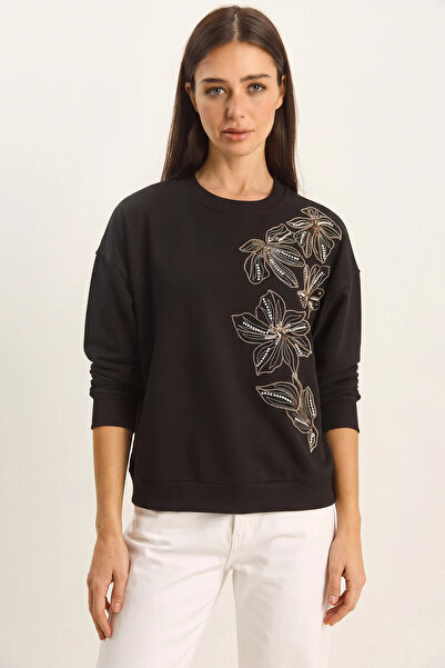Şeker Portakalım Women's Crew Neck Floral Bead Embroidered Relaxed Black Swea...