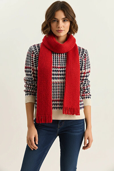 Efnaz style Women's Crew Neck Houndstooth Patterned Knitwear Cream Sweater