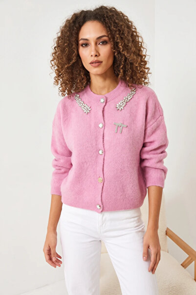 Generic Brand Women's Stoned Embellished Knitwear Pink Cardigan