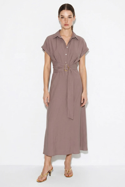 Efnaz style Women's Belt Buckle Shirt Collar Modal Smoke Dress