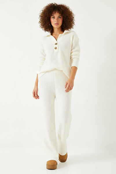Şeker Portakalım Women's Shirt Collar Thick Knitwear Beige Bottom Top Set