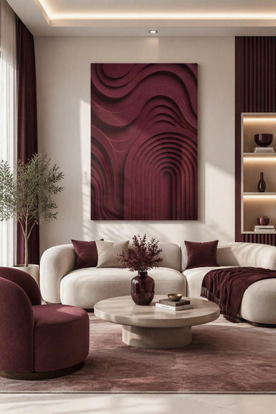 Mushen Studio Tablou modern boem, abstract, texturat, pe pânză, în roșu cireș...