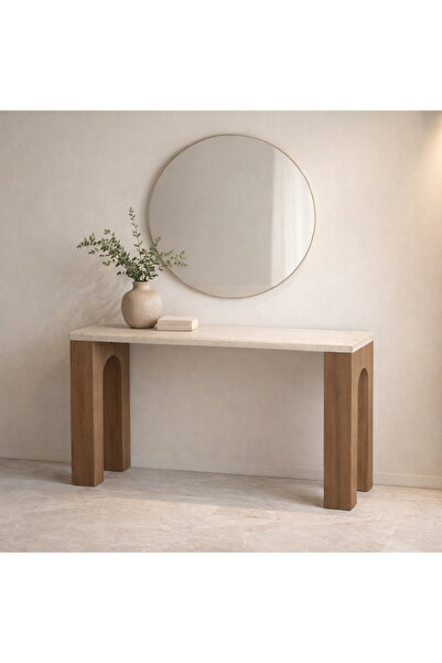 Generic Reception Console Table with Beige Wood Surface and Brown Wood Bases