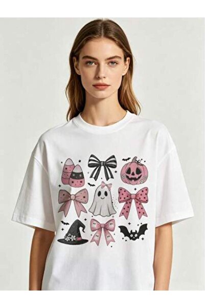 k222 100% Cotton Spooky Fall Pink Girly Bows Halloween Tee, Cute Ghost Shirt,...