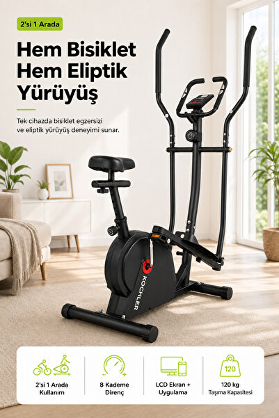 kochler Flexi 2'si 1 Arada Eliptik Kondisyon Bisikleti – Nabız Ölçerli, 8 Kad...