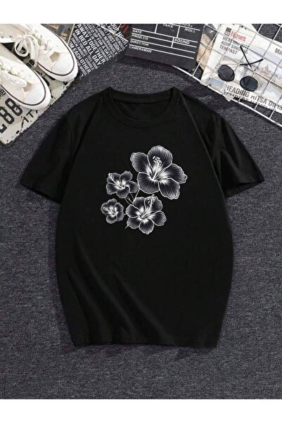 k222 Women's Hibiscus-Print T-Shirt; Casual, Short-Sleeve, Round-Neck Top Wit...