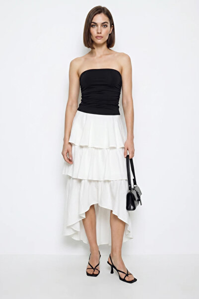 Efnaz style Women's Layered Asymmetrical Midi Cotton Ecru Skirt with Flounce ...