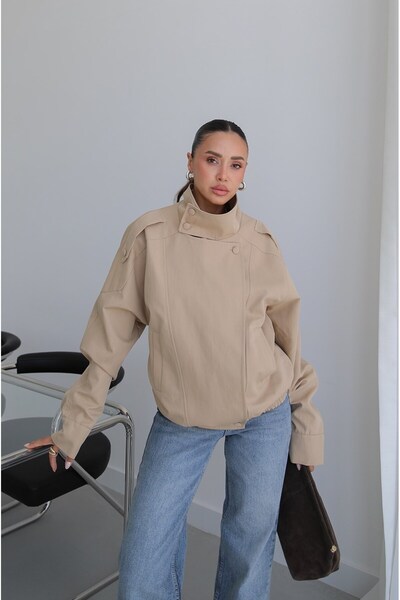 Havoş Beige Buca Stand Collar Bomber Jacket