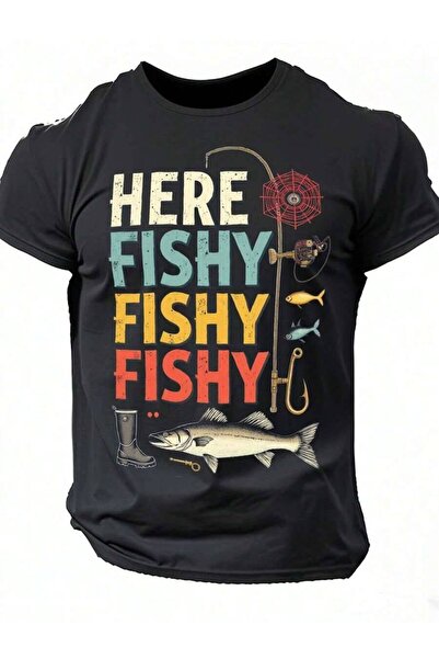 21JNRY تي شيرت رجالي بطباعة عمودية ملونة بتصميم "Here Fishy Fishy"، قميص كاجو...