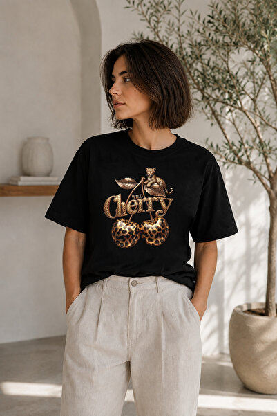 BAGAND Premium Wild Cherry Leopard Cherry Printed Oversize Women's T-Shirt Bl...