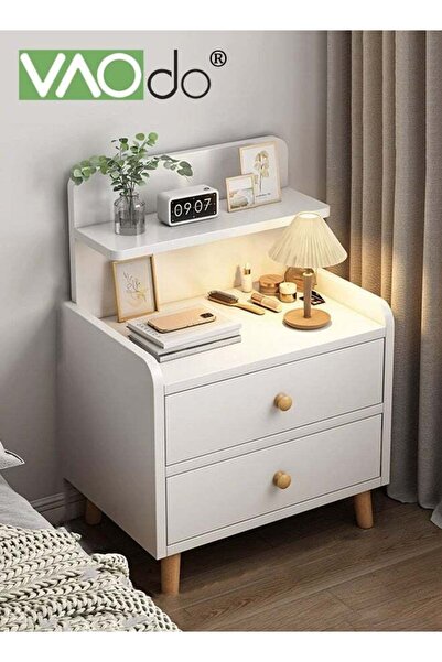 VAODO Nightstand with 2 Drawers, Modern Bedside Table with Open Wood Shelf, M...