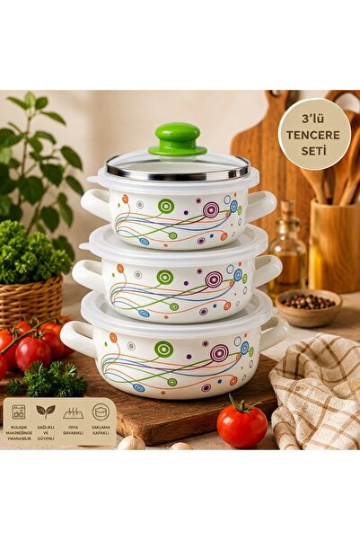 ALEV EMAYE 3’lü Emaye Tencere Seti 14-16-18 cm | Çift Kapaklı | Cam + Saklama...