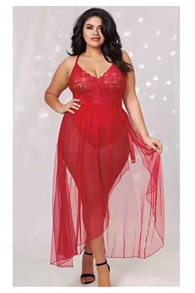Büyük Beden Kırmızı Dantelli 2 Parça Babydoll Takım – Bağlamalı Tül Detaylı Fantezi Giyim