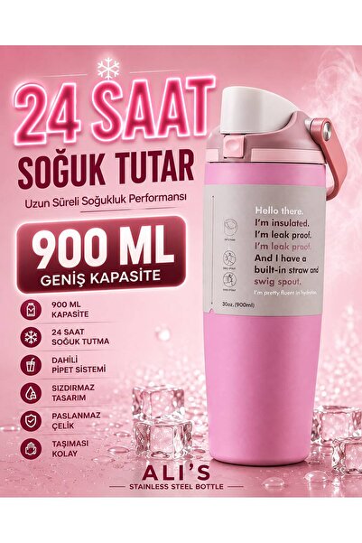 Alis Ali’s 900 ML Pipetli Paslanmaz Çelik Termos 24 Saat Soğuk Tutan Sızdırma...