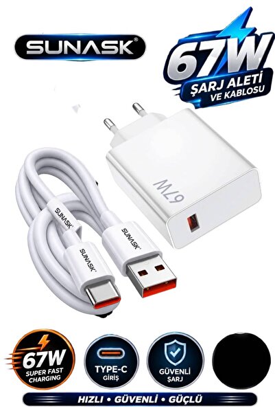 SUNASK SN-67W 67 Watt Hızlı Şarj Seti BAŞLIK+KABLO (TYPE-C)6a Usb Mi Redmi Po...