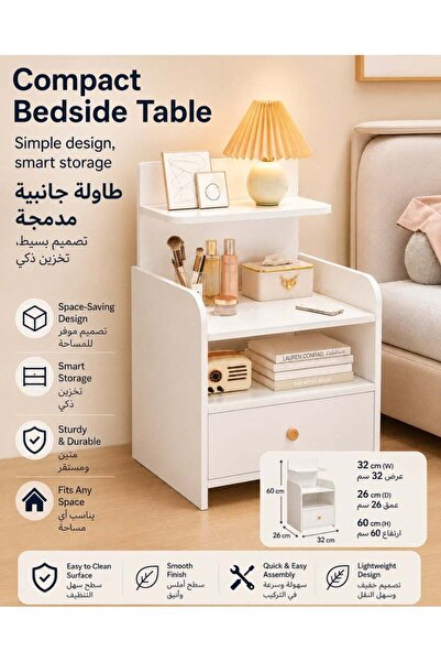 XIUWOO Modern White Nightstand with Drawer and Two Open Storage Areas, 60 cm ...