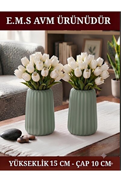 E.M.S AVM 2 Pieces Mint Green Color Striped Large Size Vase Conical Nordic St...