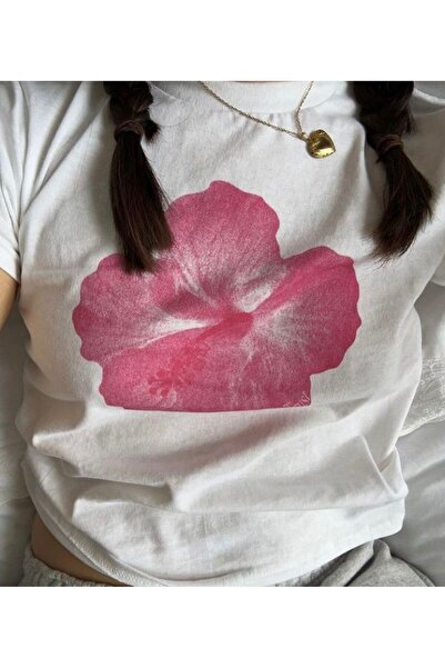 designedfy Kadın Pembe Çiçek Baskılı Crop Beyaz Hibiscus Flower Baby Tee